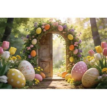 Imagem de Leowefowa Pano de fundo de primavera de Páscoa para fotografia 3 x 2,4 m vinil porta de celeiro de madeira jardim primavera ovos coloridos fundo floral bebê crianças decorações de festa de aniversário