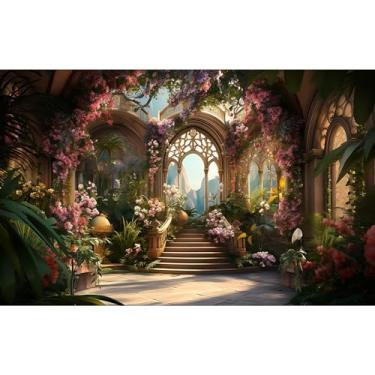 Imagem de Pano de fundo de jardim, arco de casamento, flores cor-de-rosa, cenário fotográfico, lindo cenário de jardim de fantasia com cenários de escada, festa de aniversário, casamento, aniversário, retrato