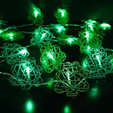 Imagem de Tuanse Decoração de Dia de São Patrício Luzes de Corda Operadas a Pilha 3 m 20 LEDs 3D Rattan Oco Grande Trevo Verde Claro Lâmpada Trevo da Sorte para Interior Exterior Jardim Ornamento de Festa