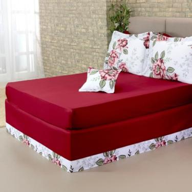 Imagem de Jogo de Lençol Cama Box Queen 5 Peças com Elástico Saia para Box Microfibra 100% Poliéster Vinho com Estampa Floral 200x160x30cm