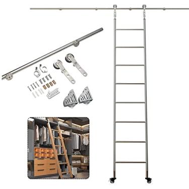 Imagem de U5GAAALPPQ9 Conjunto completo de ferragens para porta de celeiro deslizante de 2 m - trilho de escada móvel de tubo redondo de aço inoxidável, com rodas de rolo de piso (sem escada) para casa/interior