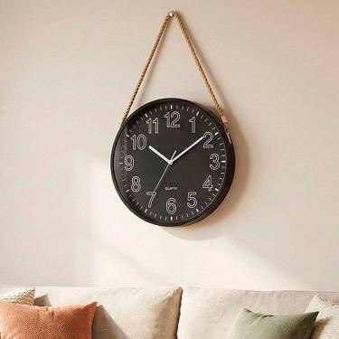 Imagem de Relógio Parede Redondo Decorativo Preto Com Alça Corda 25cm