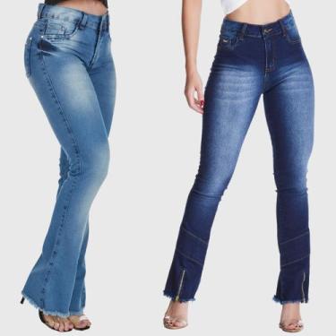 Imagem de Kit 2 Calças Flare Jeans HNO Jeans Petit Flare Azul-Azul Stonada, 42