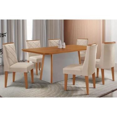Imagem de Mesa Cozinha Tilia c/ Tampo Madeirado Canto Curvo 180x90cm e 6 Cadeiras Pietá Madeira Maciça Naturale/Off White - Capuccino/Suede Creme-Rufato
