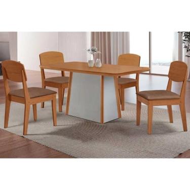 Imagem de Conjunto: Mesa Sala Jantar Tilia c/ Tampo Madeirado Canto Curvo 120x80cm e 4 Cadeiras Havana Naturale/Off White - Corano Capuccino - Rufato