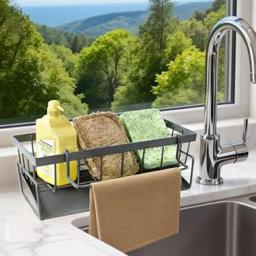 Imagem de Suporte de esponja para pia de cozinha 304 organizador de pia inoxidável à prova de ferrugem para pano de prato, sabão e escovas, cinza