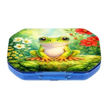 Imagem de Esta caixa de comprimidos portátil com 6 compartimentos com estampa de flores de sapo pode ser colocada em um bolso ou carteira para armazenar vitaminas, medicamentos, suplementos de saúde e outros