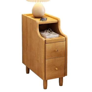 Imagem de Mesa de cabeceira de madeira com 2 gavetas e 1 prateleira - Mesa de canto minimalista e prática para pequenos espaços e organização de quarto - Acabamento de madeira natural
