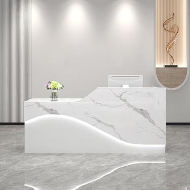 Imagem de Balcão de recepção White Veins com gaveta bloqueável e bandeja de teclado, mesa de caixa de varejo com luz para salão e escritório, 140 cm x 49,8 cm x 99,8 cm