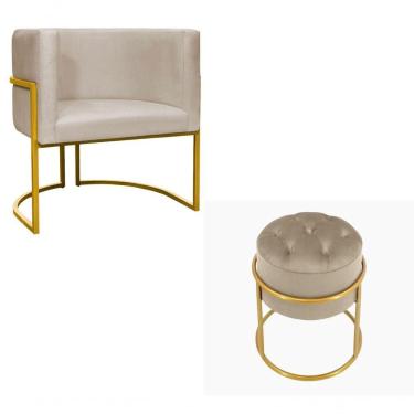 Imagem de Kit Poltrona Decorativa Luxo Base De Metal Dourada E Puff Capitone Suede Bege Eli Móveis E Decoração