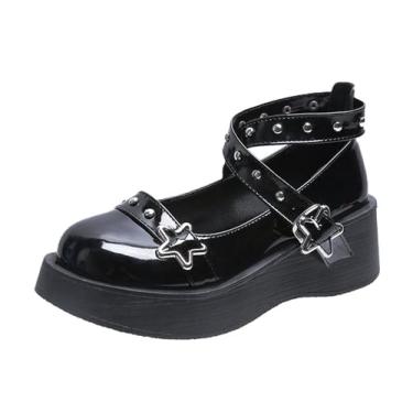Imagem de Tênis feminino punk Mary Jane plataforma com corrente de laço rebite, casual, couro gótico, preto, bico redondo, salto grosso, jeans, saias para Halloween, viagem, festa, cosplay, encontros, - Estilo