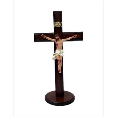 Imagem de Crucifixo Resina Importada 25x16 cm Base Madeira Envernizada