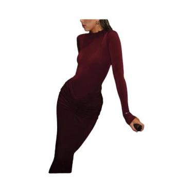 Imagem de Vestido Feminino O-Neck De Manga Longa Com Pregas E Detalhes Franzidos