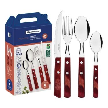 Imagem de Faqueiro Tramontina Polywood Aço Inox e Madeira Vermelho 24 Peças