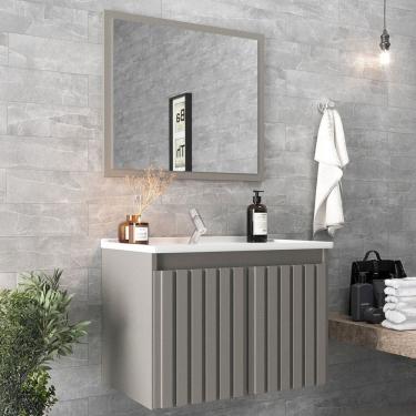 Imagem de Armário de Banheiro Barra 60 Cm 2 Portas com Espelho 100% Mdf Ripado Cimento - Belizze...