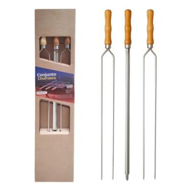 Imagem de Kit 3 Espetos Churrasco Inox Cromado Cabo De Madeira 85cm Carne Picanh