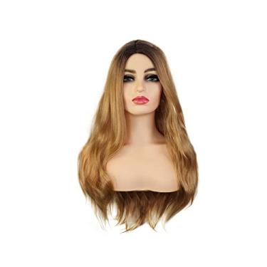 Imagem de Peruca Longa Ondulada Ouro Linho Branco Cinza Claro Rosa Peruca Feminina Sintética Encaracolada Parte do Meio Fibra Resistente ao Calor Adequado para uso em festas diárias (Castanho escuro 24 polegadas)