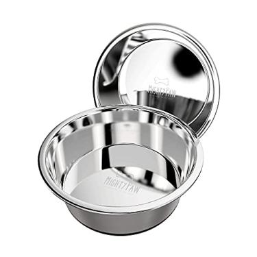 Imagem de Mighty Paw Tigelas para cães de aço inoxidável (pacote com 2) | Fundo de borracha antiderrapante e design sem derramamentos. Conjunto de pratos de água e comida de metal para animais de estimação pequenos e grandes. Pode ser lavado na lava-louças, 3, 6 e 8 tamanhos (8 xícaras, cinza)