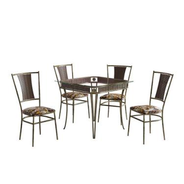Imagem de Jogo De Mesa Jantar Com 4 Cadeiras Tampo Vidro Quadrado 80cm Em Aço Ba