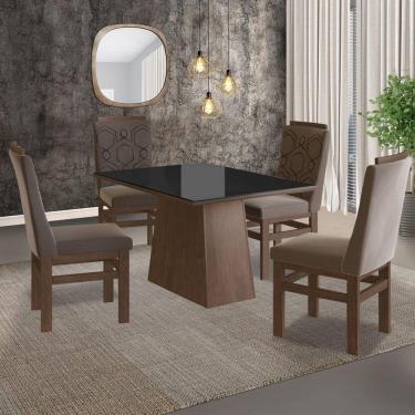 Imagem de Conjunto Sala de Jantar Mesa 90x120cm Tampo Vidro com 4 Cadeiras Madeira Maciça Tecido Joli Zamarchi Marrom/Preto