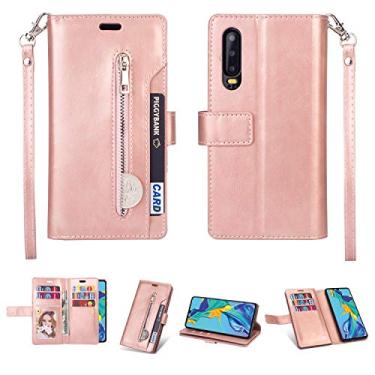 Imagem de Capa para Huawei P30, carteira de couro PU Folio Flip Case com zíper bolso slots para cartão fecho magnético capa protetora à prova de choque com alça de pulso para Huawei P30 (rosa)