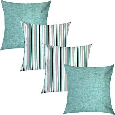 Imagem de Kit 4 Capas de Almofadas Chevron e Liso Verde Água Impermeável 45x45cm