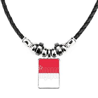 Imagem de DIYthinker Colar com nome da bandeira do país de Singapura, joia com pingente de corda de couro