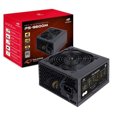 Imagem de Fonte 600W ATX C3Tech PS-G600M, Bivolt Automático, 80 Plus White, PFC Ativo, Preta