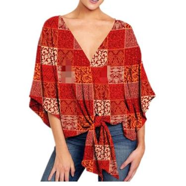 Imagem de Blusa feminina com decote em V, blusas de amarrar na frente e no verão, Vermelho, XXG