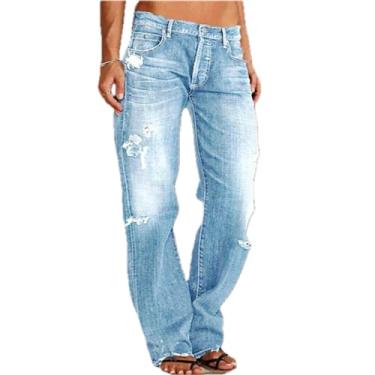 Imagem de Calças jeans calças jeans femininas jeans tendência europeia e americana com cintura rasgada e calças casuais de perna reta, Azul claro, P
