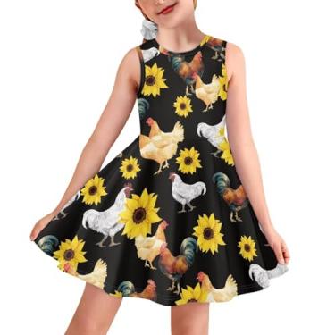 Imagem de Sprowallow Vestido feminino sem mangas de verão com gola redonda estampado para crianças regata vestidos florais na moda, Galo e girassol, 7-8 Anos