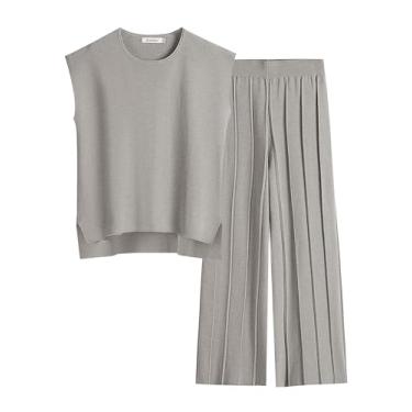 Imagem de ANRABESS Conjuntos de suéter de verão de duas peças para mulheres, pulôver de malha, calça de cintura elástica, conjunto de lounge, agasalho, Cinza, Small