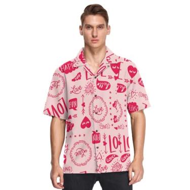Imagem de Camisa masculina havaiana de manga curta com botões para o Dia dos Namorados Love Lettering Pink Print Camisa de Playa para Hombre, Dia dos Namorados Love Lettering Rosa, 3G