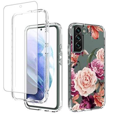 Imagem de Vavies Capa para Galaxy S22 Plus/S22+ 5G SM-S906U com protetor de tela de vidro temperado, capa de telefone transparente com proteção floral para Samsung Galaxy S22 Plus 5G (flor roxa)