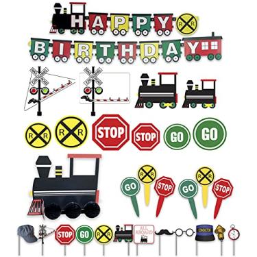 Imagem de Havercamp Conjunto de decorações premium para festa de aniversário da ferrovia! Inclui: 1 faixa de 2,1 m, 1 peça central de trem Lg, 12 adereços divertidos para fotos, 10 decorações de recorte de parede e 24 palhetas de festa.
