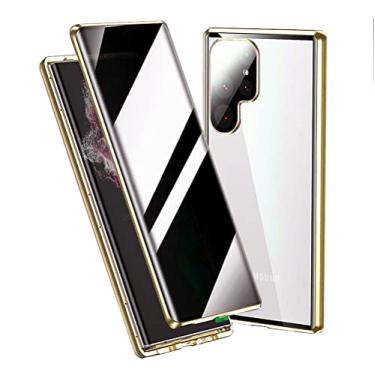 Imagem de Capa para Galaxy S24 Ultra Anti-Peeping Magnetic Adsorção + Trava de Segurança Liga de Alumínio Protetor de Lente de Câmera [Sem Desbloqueio de Impressão Digital] Capa protetora 360, dourada