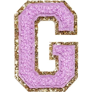 Imagem de 3 Pçs Chenille Letter Patches Ferro em Patches Glitter Varsity Letter Patches Bordado Bordado Borda Dourada Costurar em Patches para Vestuário Chapéu Camisa Bolsa (Roxo, G)