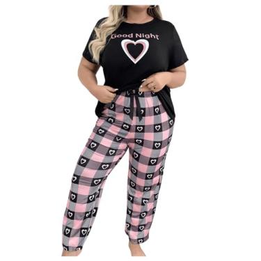 Imagem de SOLY HUX Conjunto de pijama feminino plus size, estampa de letras de coração, camiseta de manga curta e calça xadrez, Coração multicolorido, XX-Large Plus