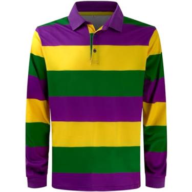 Imagem de LINOCOUTON Camisa polo masculina de manga comprida Mardi Gras Golf, Listras largas, G
