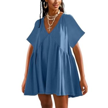 Imagem de Gozoloma Minivestido feminino de verão manga curta casual solto gola V vestido de verão rodado camiseta de férias vestido de sol com bolsos, Azul marino, M