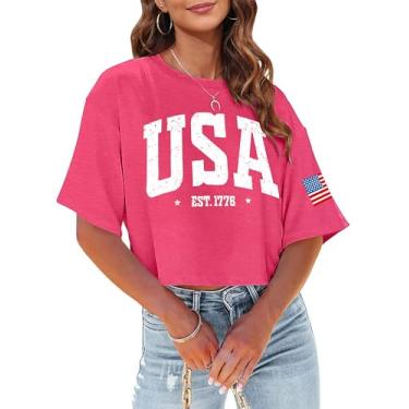 Imagem de Camiseta cropped feminina com bandeira americana EUA camiseta patriótica 4 de julho Memorial Day camiseta feminina cropped tops, 1776-rosa, M