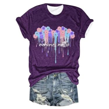 Imagem de Camiseta feminina de conscientização de Alzheimer, verão, casual, roxo, floral, estampada, manga curta, gola redonda, blusa túnica, Roxa, M