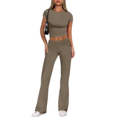Imagem de ANRABESS Conjunto de 2 peças para mulheres, loungewear, calças de ioga dobráveis, leggings flare e tops cropped casuais Y2K, Cinza-café, X-Small