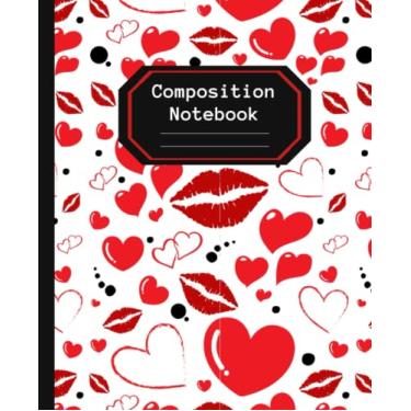Imagem de Caderno de composição: Padrão de coração e lábios | Diário estético fofo dos namorados para meninas, adolescentes, mulheres, volta às aulas, professores, 121 páginas