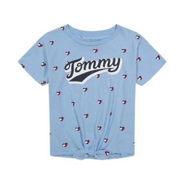 Imagem de Tommy Hilfiger Camiseta gráfica de manga curta para meninas com nó de gravata e interior sem etiqueta, Gravata com coração de sino azul, 8-10