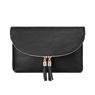 Imagem de Solene Bolsa clutch feminina com vários compartimentos, 6 compartimentos para cartão dentro, bolsa transversal com borlas, Preto, Small
