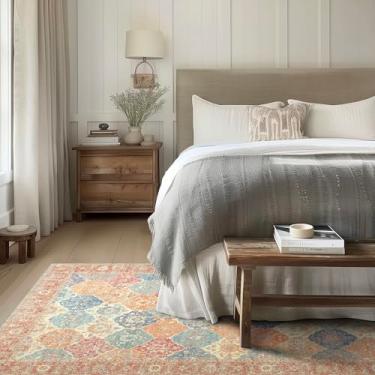 Imagem de EVERGRACE Tapete floral Boho 12 x 18 cm, tapetes macios de lã sintética marroquina, lavável, antiderrapante, tapete grande para entrada, quarto, sala de estar, corredor e lavanderia, terracota multi