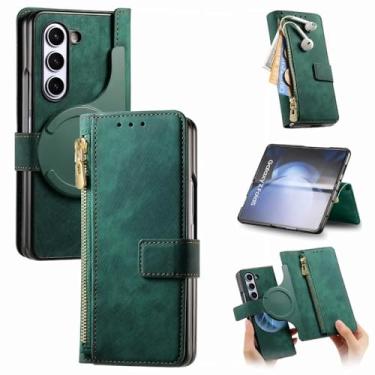 Imagem de Cartões com zíper destacáveis 2 em 1 Solt Capa de telefone tipo carteira para Samsung Galaxy Z Fold 6 5 4 3 Fold6 Fold5 Fold4 Fold3 5G Capa de couro, verde, para Galaxy Z Fold 3