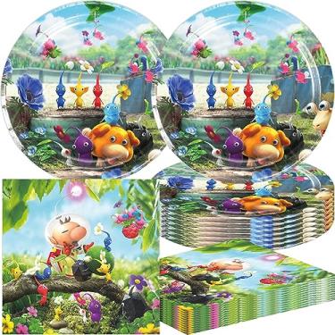Imagem de Fuyhiuous 40 peças de artigos de festa de aniversário Pikmin, inclui 20 pratos de papel - 20 guardanapos - serve 20 convidados para decoração de festa de aniversário Pikmin