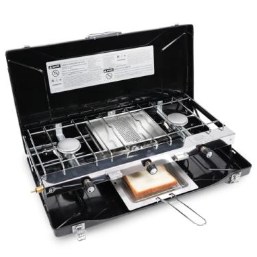 Imagem de CampingFlame Fogão de acampamento a propano de 3 bocas – Fogão portátil com queimadores ajustáveis, protetores de vento, bandeja de torradas, 20.400 BTUs para acampamento, tailgating, churrasco,